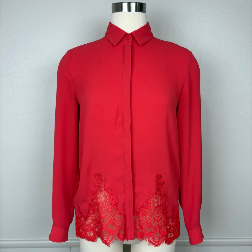 The Kooples Chiffon & Lace Red Blouse Size XXS Button Up Long Sleeve Lace Hem - Picture 10 of 16
